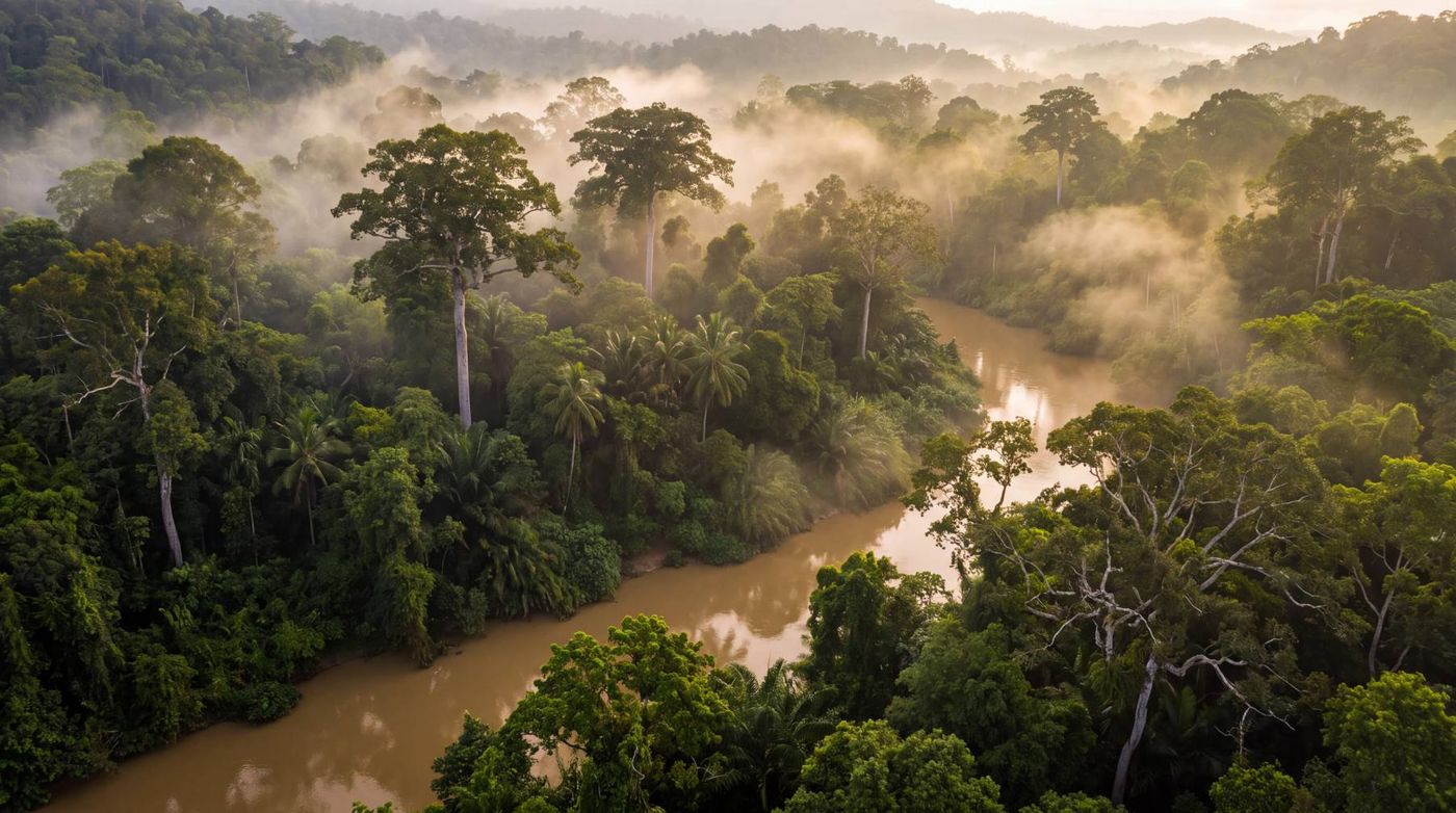Rainforest river in morning mist, Borneo